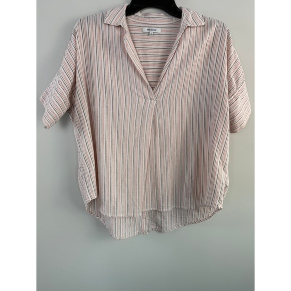 Madewell Tops - Madewell Pink Striped Oversized V-Neck Button-Down Shirt Women's Size S